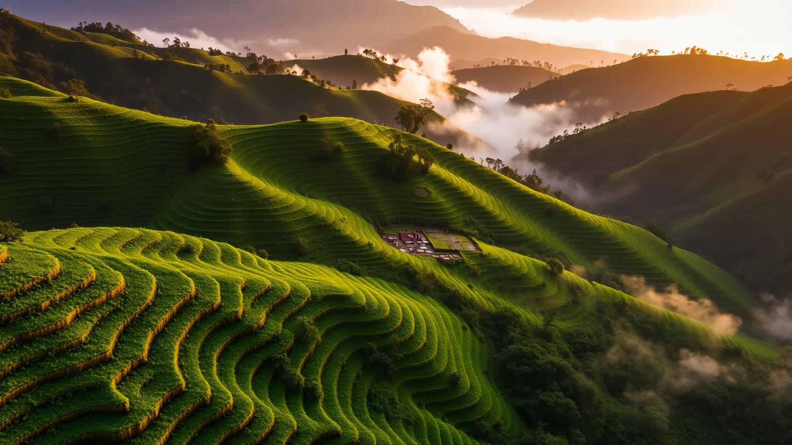 Green terraced highlands of western Cameroon at sunrise