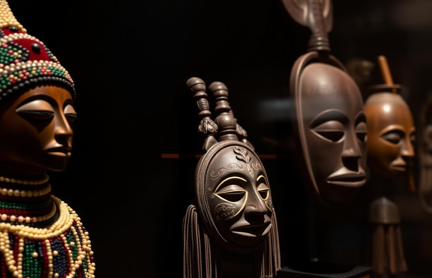 Beaded royal artefacts and carved Baméka masks on museum display